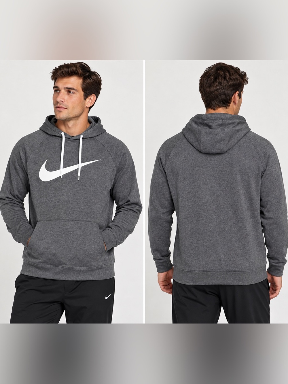 Nike Men’s Charcoal Gray Pullover Hoodie with White Swoosh
